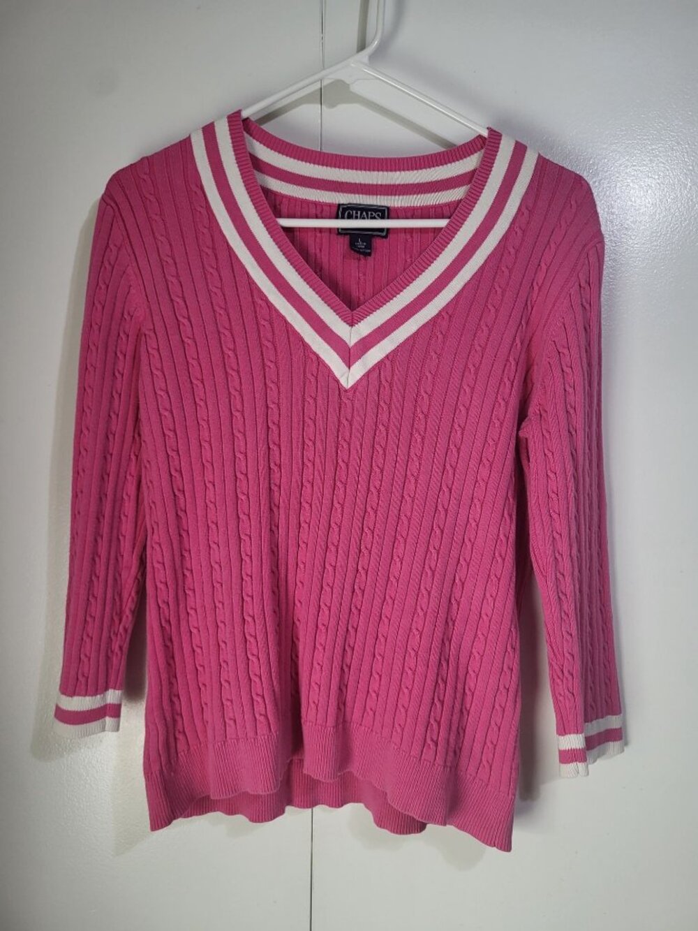 Vintage Chaps Womens LG V-Neck Sweater Pink White Cable Knit Tennis y2k Preppy - Picture 2 of 8